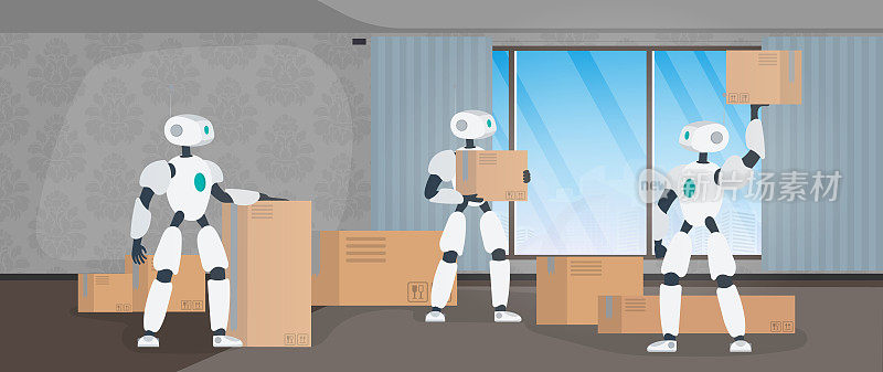 Robots work in a manufacturing warehouse. Robots carry boxes and lift the load. Futuristic concept of delivery, transportation and loading of goods.